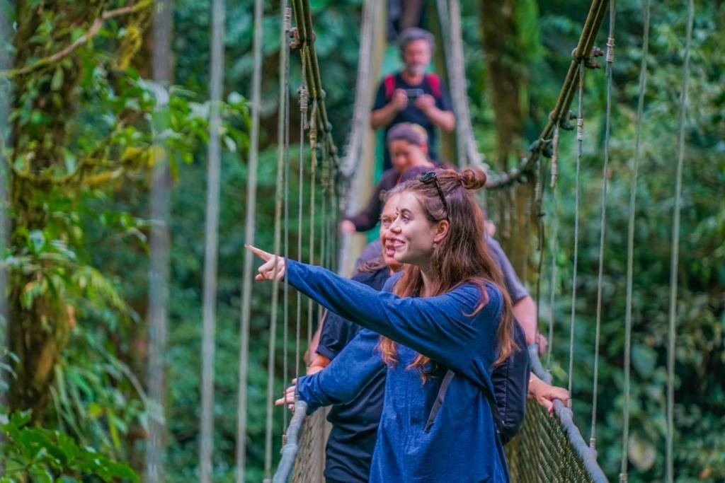 "Suspension bridge surrounded by lush rainforest at Tenorio Hanging Bridge and Nature Preserve, offering breathtaking views of wildlife and tropical scenery."