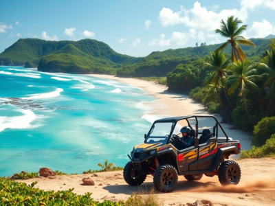 Group of adventurers riding UTV side-by-side vehicles through the rugged trails of Tamarindo, surrounded by lush jungle and scenic coastal views."