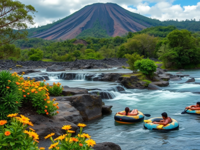 "Hikers exploring the scenic trails of Rincón de la Vieja National Park, surrounded by lush forests and volcanic landscapes, followed by an exciting river tubing adventure."