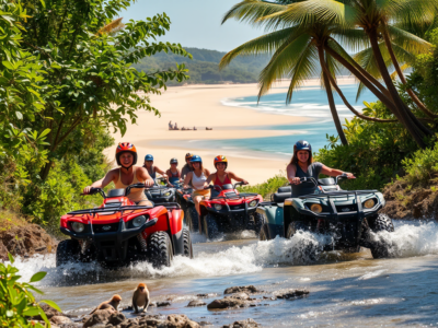 "ATV tour Tamarindo Beach, Costa Rica, riding through sandy trails, lush jungle paths, and stunning ocean views." 🚜🌴🌊