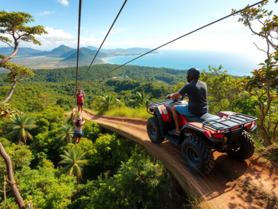 "Adventurers enjoying an ATV ride through lush trails and zip-lining through the canopy in Tamarindo, with scenic jungle views and the ocean in the distance."