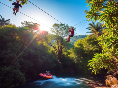 "Scenic view of Rincón de la Vieja National Park featuring lush forests, volcanic landscapes, and steaming geothermal activity, showcasing the park’s natural beauty and adventure opportunities."