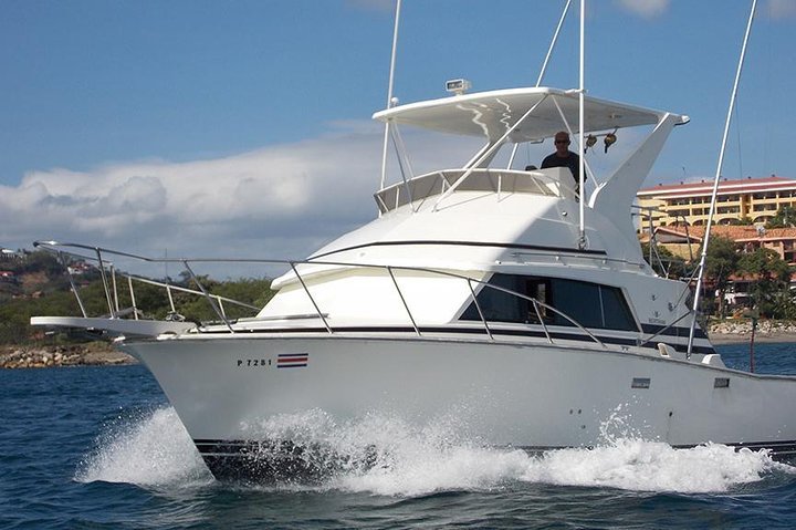 "Fishing boat on Flamingo Beach, Costa Rica, with anglers casting their lines into the calm ocean waters, surrounded by tropical scenery." 🎣🌊🌴
