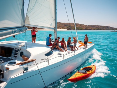 "Scenic sailing tour at Flamingo Beach, Costa Rica, with stunning ocean views, a sailboat gliding through calm waters, and a vibrant sunset in the background."