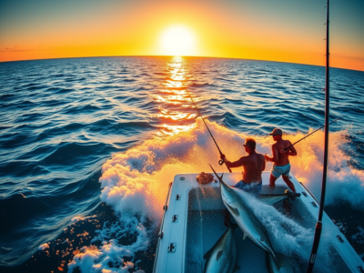 "Fishing boat on Flamingo Beach, Costa Rica, with anglers casting their lines into the calm ocean waters, surrounded by tropical scenery." 🎣🌊🌴