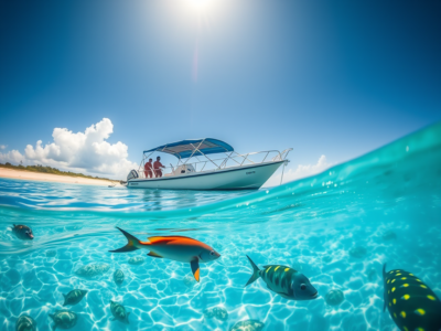 "Snorkeling boat tour in Flamingo Beach, Costa Rica, with crystal-clear waters, vibrant marine life, and breathtaking ocean views."
