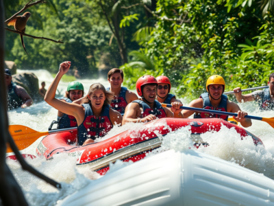"Thrilling white-water rafting adventure on the Tenorio River in Costa Rica, featuring exciting rapids and stunning tropical scenery."