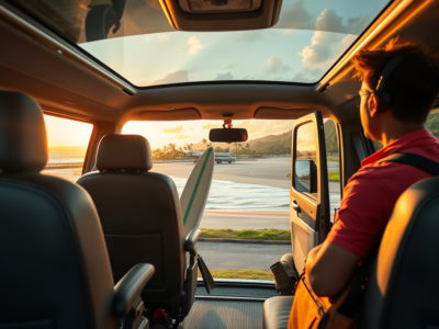 "View of Tamarindo Airport, with a small runway and tropical vegetation surrounding the area. The clear blue sky reflects the warm weather, and a few light aircraft are visible on the tarmac, typical for this regional airport in Costa Rica."