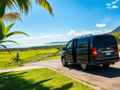 "Scenic drive from Liberia Airport to JW Marriott Guanacaste, passing through lush Costa Rican landscapes with tropical greenery and open roads, heading toward the luxury resort by the Pacific coast."