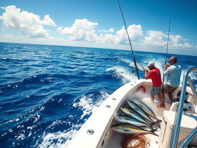 Fishing boat on Flamingo Beach, Costa Rica, with anglers casting their lines into the calm ocean waters, surrounded by tropical scenery." 🎣🌊🌴