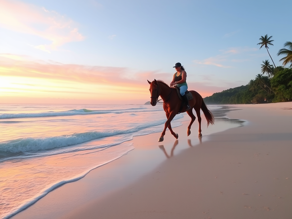 "Horseback riding along Tamarindo Beach, Costa Rica, with stunning ocean views and golden sand at sunset." 🏇🌅🌴