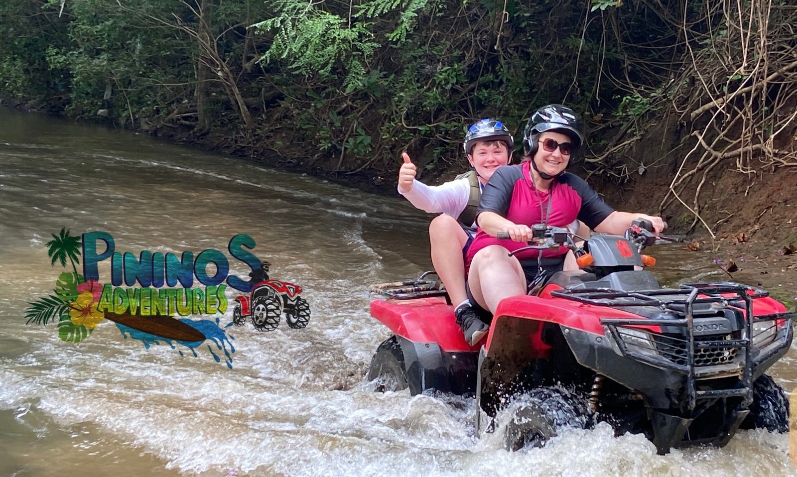 "Adventurers enjoying an ATV ride through lush trails and zip-lining through the canopy in Tamarindo, with scenic jungle views and the ocean in the distance."